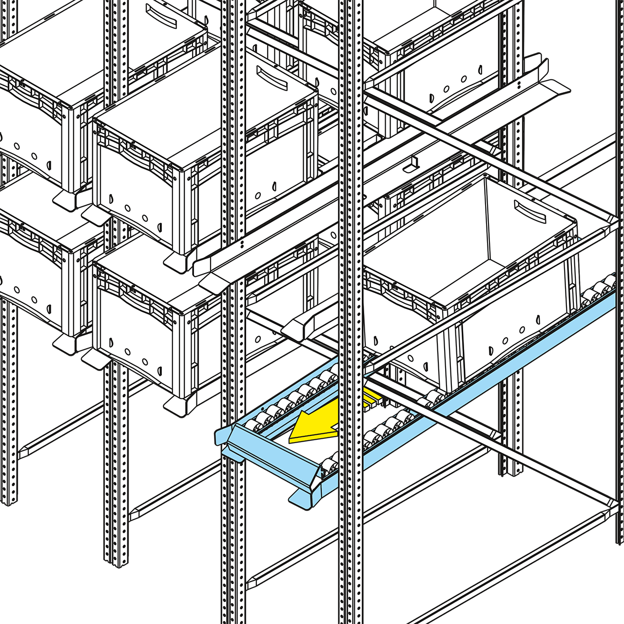 Detailansicht der Auslagerbahnen für Automatisches Kleinteilelager AKL, Zeichnung