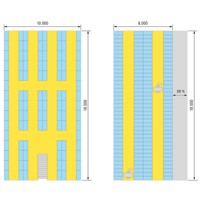 Flächeneinsparung mit Automatischem Kleinteilelager AKL im Vergleich zum Fachbodenregal, Zeichnung 01