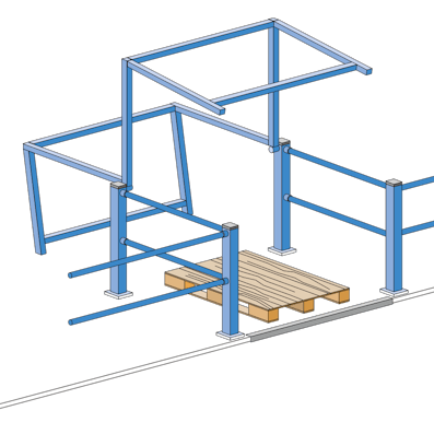 Detailansicht des Palettenübergabeplatzes mit Schwenkgeländer für Bühnensystem, Zeichnung Detailansicht des Palettenübergabeplatzes mit Schwenkgeländer für Bühnensystem, Zeichnung