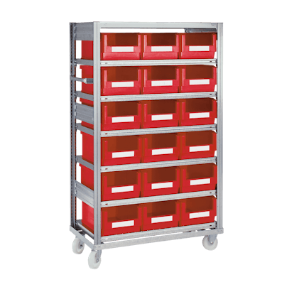 Fachbodenregal als verfahrbares Behälterregal mit roten Sichtlagerkästen SK Fachbodenregal als verfahrbares Behälterregal mit roten Sichtlagerkästen SK