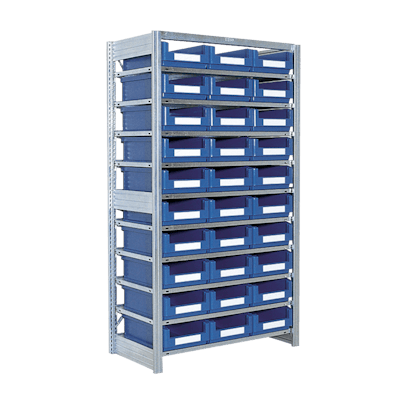Fachbodenregal als Behälterregal mit blauen Sichtlagerkästen SK Fachbodenregal als Behälterregal mit blauen Sichtlagerkästen SK
