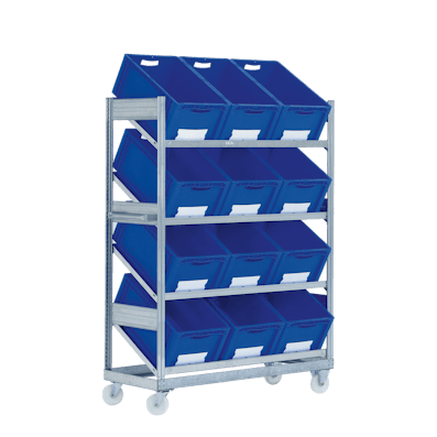 Fachbodenregal als verfahrbares Schrägbodenregal mit Behältern 02 Fachbodenregal als verfahrbares Schrägbodenregal mit Behältern 02