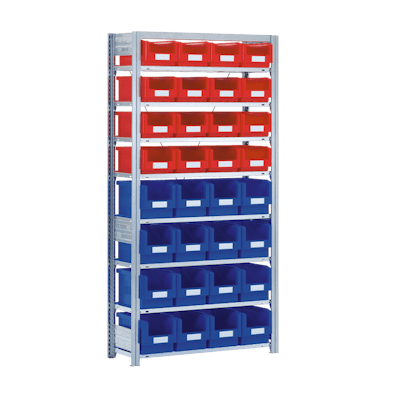 Fachbodenregal als Behälterregal mit 32 Sichtlagerkästen SK 02 Fachbodenregal als Behälterregal mit 32 Sichtlagerkästen SK 02
