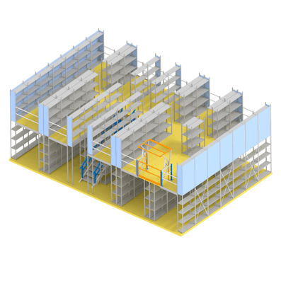 Mehrgeschossanlage mit 2 Ebenen und Treppe zwischen zwei Einzelzeilen, Zeichnung 01 Mehrgeschossanlage mit 2 Ebenen und Treppe zwischen zwei Einzelzeilen, Zeichnung 01