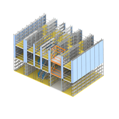 Mehrgeschossanlage mit 3 Ebenen und Treppe zwischen zwei Einzelzeilen, Zeichnung Mehrgeschossanlage mit 3 Ebenen und Treppe zwischen zwei Einzelzeilen, Zeichnung