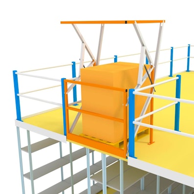 Detailansicht des Palettenplatzes mit Schwenkgeländer für Mehrgeschossanlage, Zeichnung Detailansicht des Palettenplatzes mit Schwenkgeländer für Mehrgeschossanlage, Zeichnung