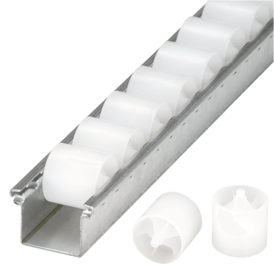 Detailansicht der Rollenleiste mit Zylinderrollen und Kunststoffachse 02 Detailansicht der Rollenleiste mit Zylinderrollen und Kunststoffachse 02