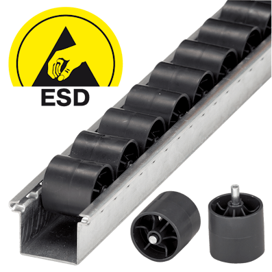 Detailansicht der Rollenleiste mit Zylinderrollen und Stahlachse und ESD Zeichen Detailansicht der Rollenleiste mit Zylinderrollen und Stahlachse und ESD Zeichen