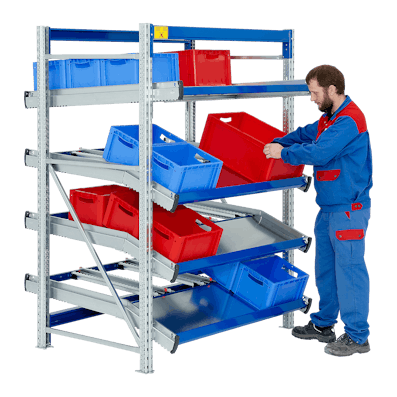 Stückgutdurchlaufregal mit Durchlaufrahmen in abgeknickter Ausführung, Foto 02 Stückgutdurchlaufregal mit Durchlaufrahmen in abgeknickter Ausführung, Foto 02