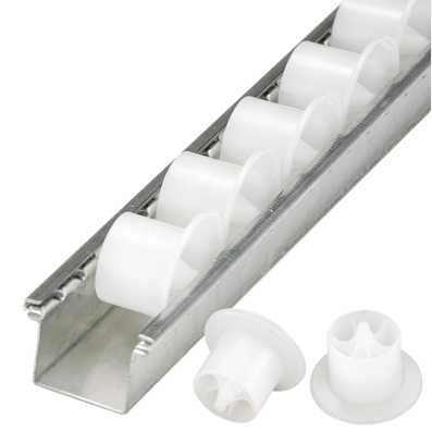 Detailansicht einer Rollenleiste mit Spurkranzrollen und Kunststoffachse in weiß für ein Stückgutdurchlaufregal 02