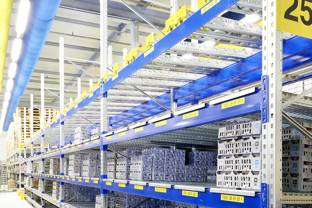 Palletstelling met doorrolniveau voor pallets en bakken